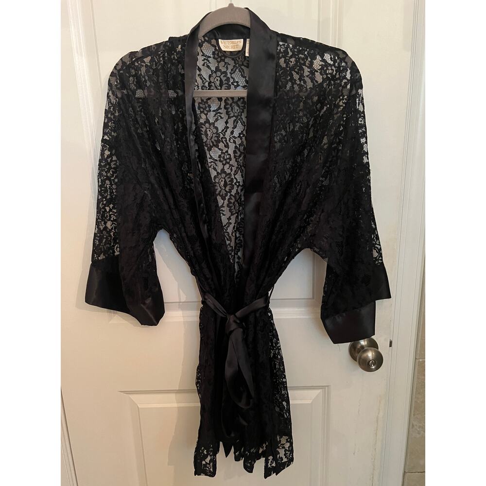Vintage Victoria's Secret Gold Label Black Floral Lace Robe Baby Doll OS Witchy